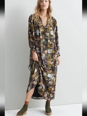 Anthropologie Blair Shimmer Flowy Abstract Long Sleeved Maxi Dress Boho 2X